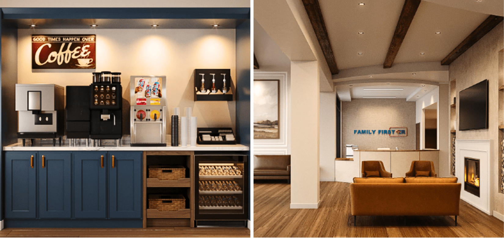 Family First ER interior featuring a welcoming lobby and coffee station at the Tomball emergency room