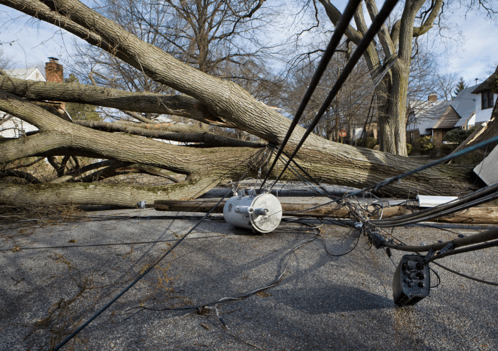 Downed tree on power lines after Texas storm, showing electrical hazards after hurricanes