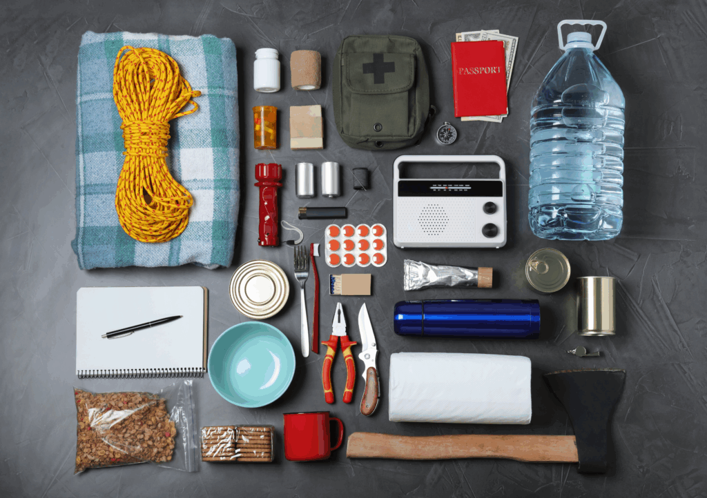 Flat lay of hurricane emergency kit with first aid, flashlight, canned food, and water