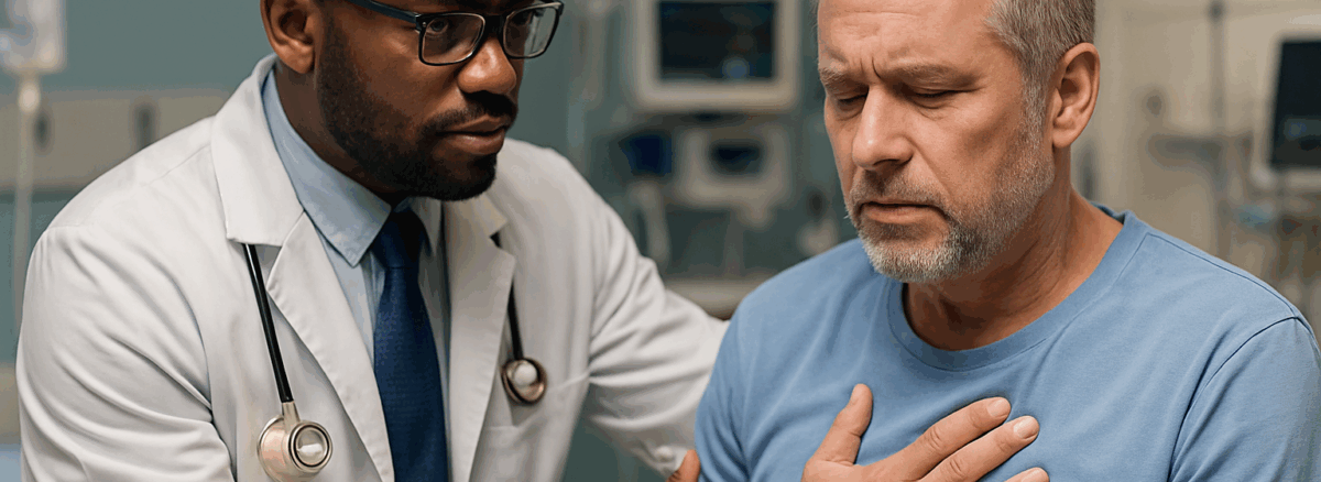 Doctor evaluating a patient in an emergency room setting for chest pain and urgent symptoms