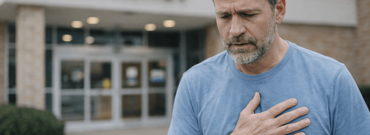 Man experiencing shortness of breath outside Family First ER, illustrating when breathing problems require emergency care.
