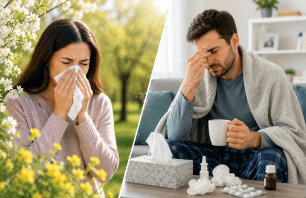 Woman with seasonal allergy symptoms outdoors beside man with cold or sinus infection symptoms indoors during spring illness season.