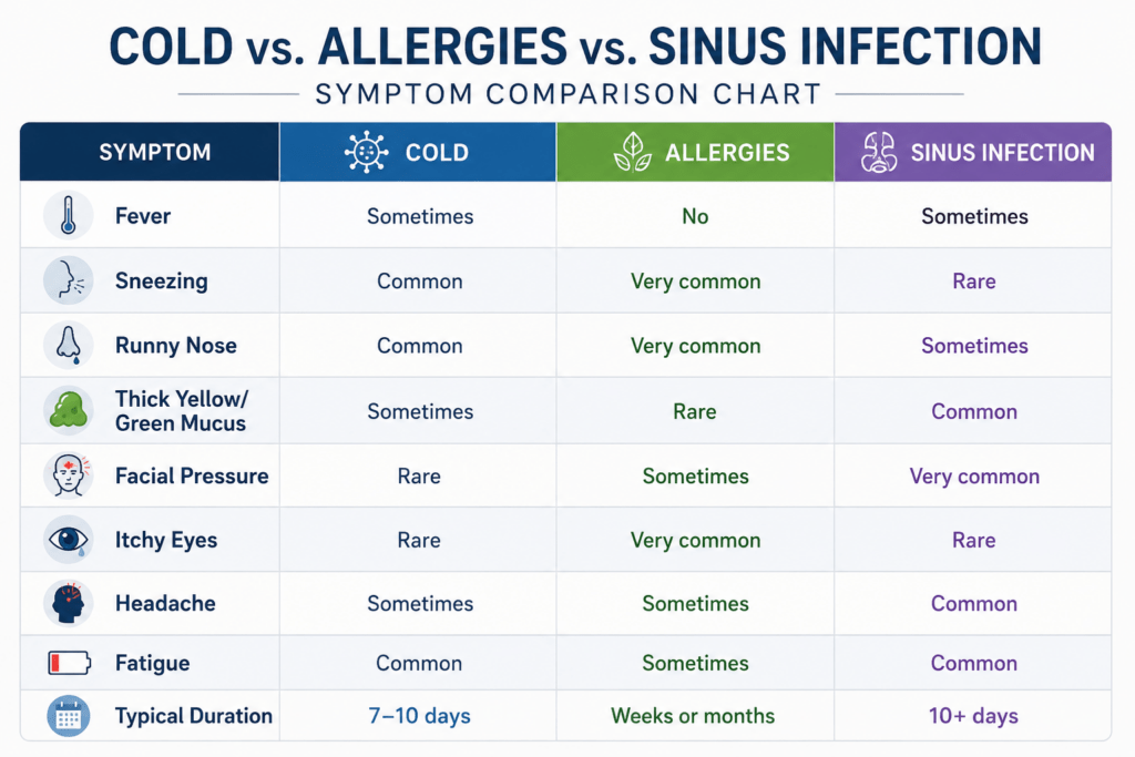 Cold vs allergies vs sinus infection symptoms comparison chart